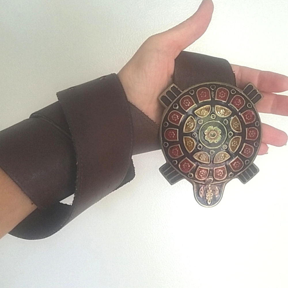 Vintage Leather Belt with Brass Turtle Buckle Handmade Boho